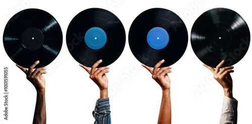 Male hand holding vinyl record on transparent background. Four different images.