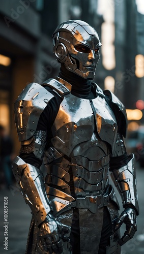 Futuristic warrior in silver armor in a city.