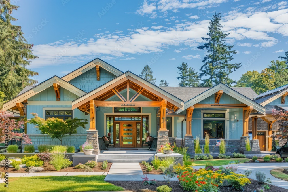 A serene craftsman-style home in pastel blue, featuring elegant wooden beams and a welcoming front yard. A serene craftsman-style home in pastel blue, featuring elegant wooden beams and a welcoming front yard.