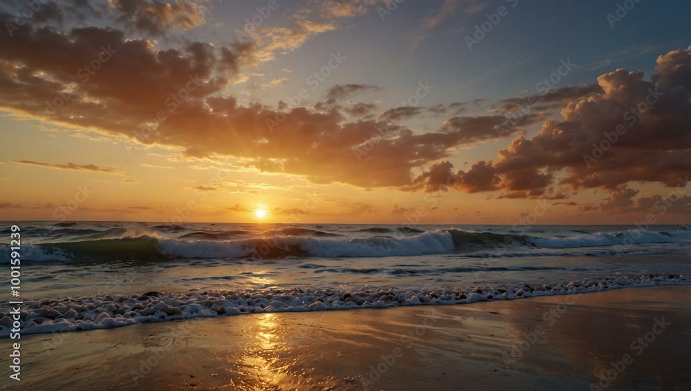 Gentle beach waves at sunrise, creating a tranquil scene. Gentle beach waves at sunrise, creating a tranquil scene.