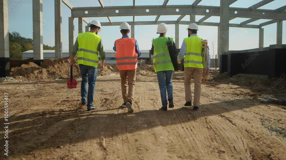 Back shot of young construction workers in high visibility vests and white protective helmets walking around construction site outdoors. Working day. Sunlight. Industrial concept Back shot of young construction workers in high visibility vests and white protective helmets walking around construction site outdoors. Working day. Sunlight. Industrial concept