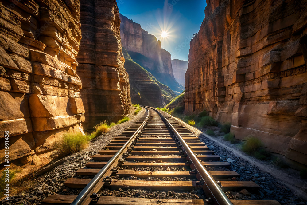 Naklejka premium A train tracks run through a canyon with a bright sun shining on the tracks. The scene is peaceful and serene, with the sun casting a warm glow on the landscape