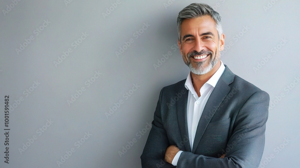 Confident Man in a Gray Suit Smiling Against a Wall Confident Man in a Gray Suit Smiling Against a Wall
