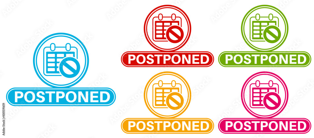 Obraz premium postponed sticker sign set. reschedule information label symbol template vector illustration