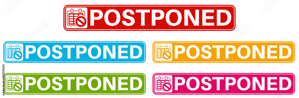 postponed sticker sign set. reschedule information label symbol template vector illustration