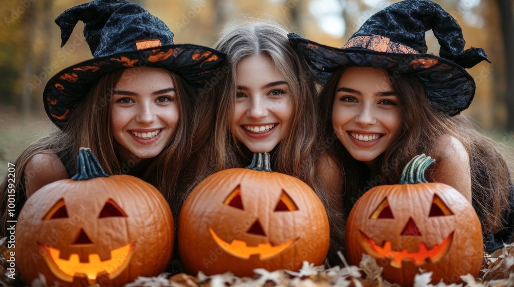 Fototapeta premium Halloween Celebrations with Witches and Pumpkins in an Autumn Forest Setting