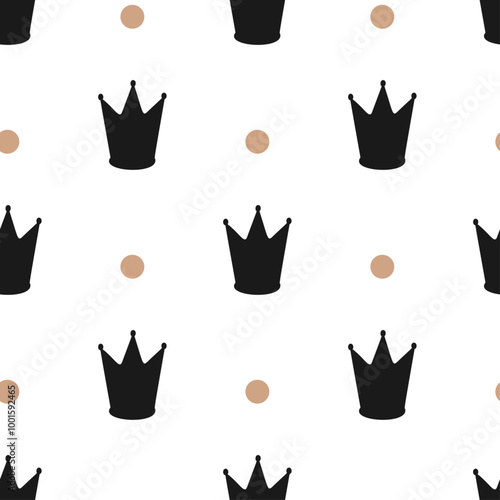 Seamless pattern with ink hand drawn black crowns golden circles on white background. Perfect design element for fabric, textile, wrapping paper. 