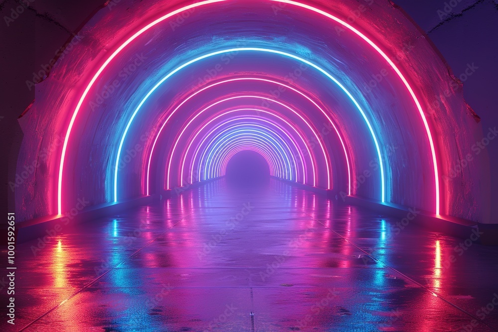 Fototapeta premium 3d render, red blue neon light, illuminated corridor, tunnel, empty space, ultraviolet light, 80's retro style, fashion show stage, abstract background