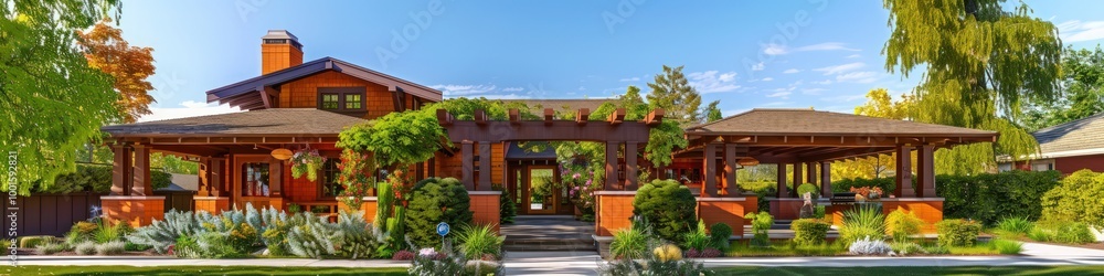 A picturesque craftsman-style home in warm terra cotta, featuring a pergola and beautifully manicured front garden. A picturesque craftsman-style home in warm terra cotta, featuring a pergola and beautifully manicured front garden.