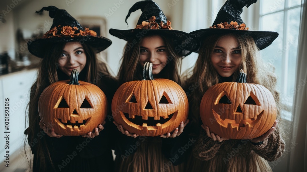 Fototapeta premium Halloween Celebrations with Witches and Pumpkins in an Autumn Forest Setting