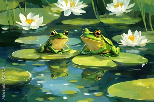 Lively Frogs Hopping Lily Pads