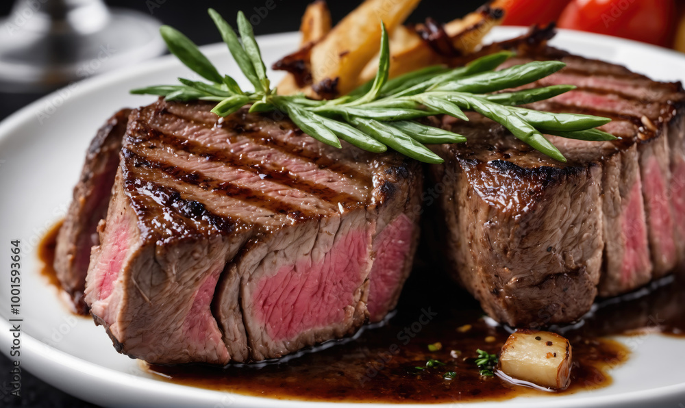 Two perfectly cooked steaks with rosemary garnish and a side of roasted vegetables Two perfectly cooked steaks with rosemary garnish and a side of roasted vegetables
