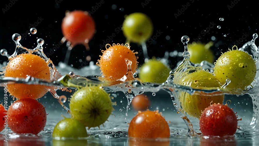 Gooseberries splashing into clear liquid, creating a vibrant scene. Gooseberries splashing into clear liquid, creating a vibrant scene.