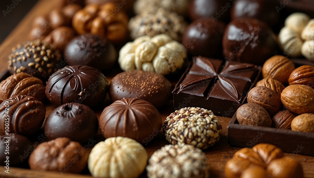 Gourmet chocolates, seeds, cocoa, and nuts elegantly displayed on a wooden board. Gourmet chocolates, seeds, cocoa, and nuts elegantly displayed on a wooden board.