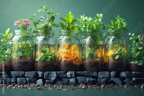 Creative Indoor Garden in Glass Mason Jars with Various Herbs and Flowers photo