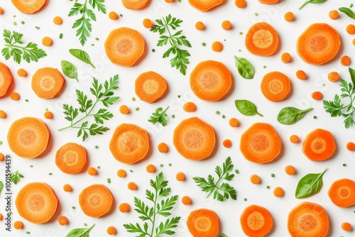 Vibrant carrot slices and fresh green leaves elegantly floating on a clean white background