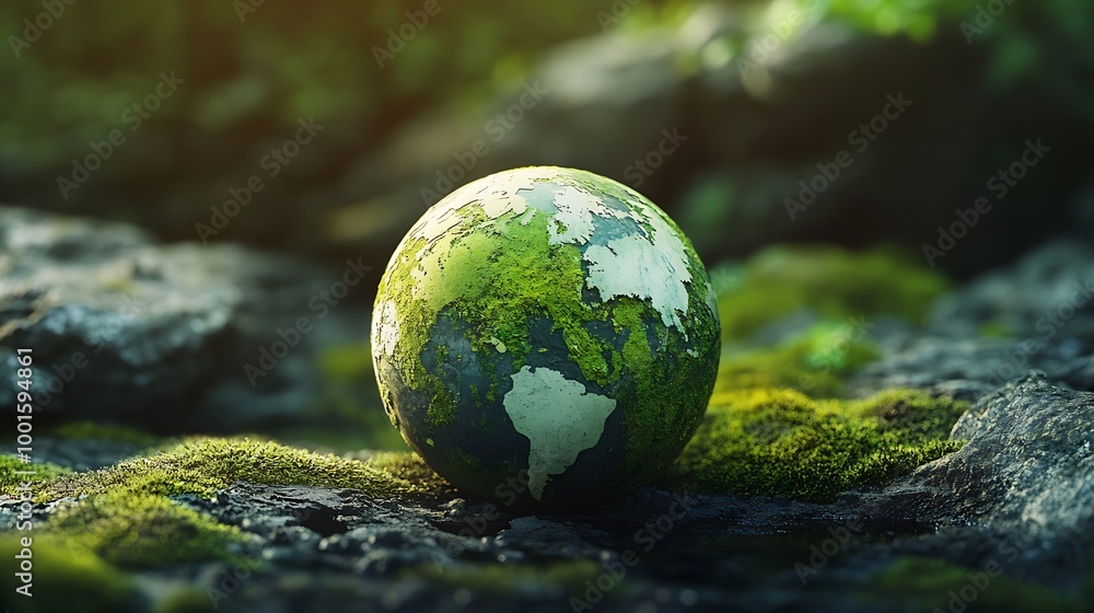 Earth Day Environment Green Globe In Forest With Moss And Defocused Abstract Sunlight : Generative AI Earth Day Environment Green Globe In Forest With Moss And Defocused Abstract Sunlight : Generative AI
