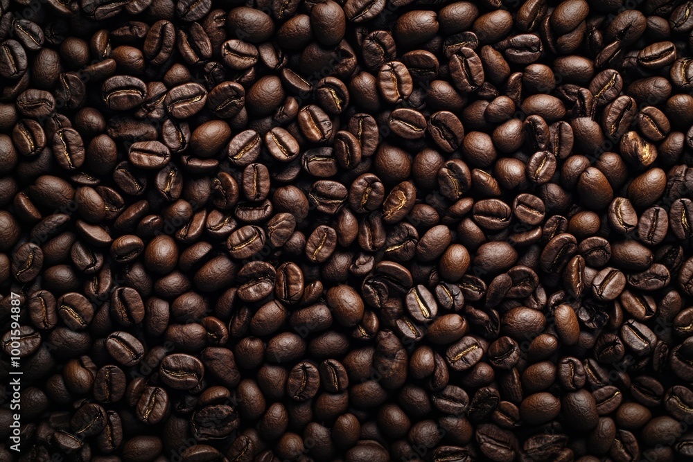 Fototapeta premium Overhead view of backdrop representing halves of dark brown coffee beans with pleasant scent