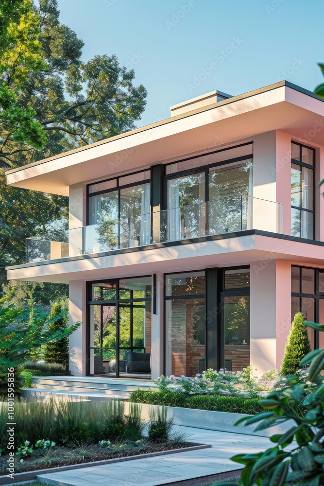 A modern craftsman house in pastel pink, with large windows and a neatly landscaped front yard. A modern craftsman house in pastel pink, with large windows and a neatly landscaped front yard.