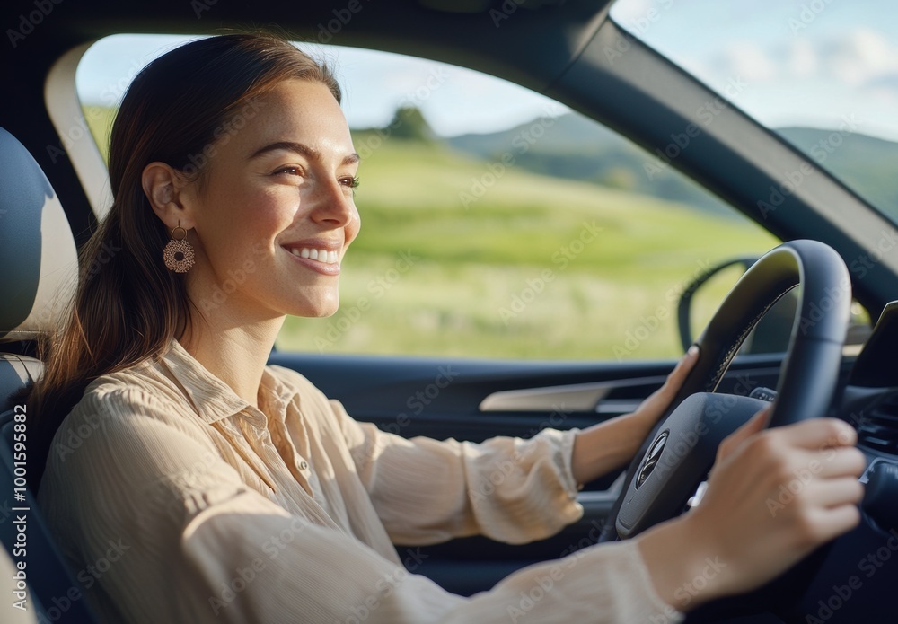 Woman driving a car through scenic countryside during daytime Woman driving a car through scenic countryside during daytime