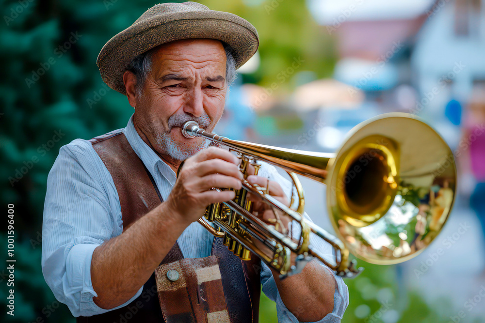 Obraz premium A man in lederhosen playing the trombone.