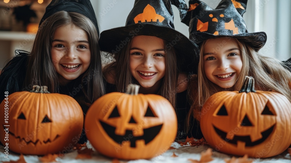 Fototapeta premium Halloween Celebrations with Witches and Pumpkins in an Autumn Forest Setting