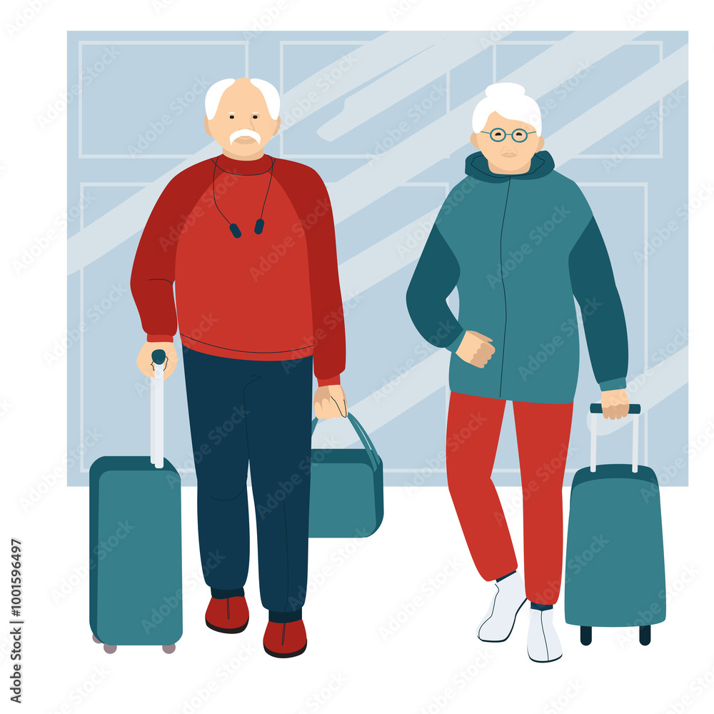 Active elderly couple traveling with suitcases. Active elderly couple traveling with suitcases.