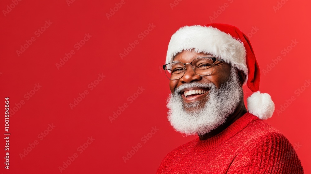 Cheerful man in a Santa hat smiles against a bright red background Cheerful man in a Santa hat smiles against a bright red background