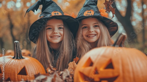 Halloween Celebrations with Witches and Pumpkins in an Autumn Forest Setting