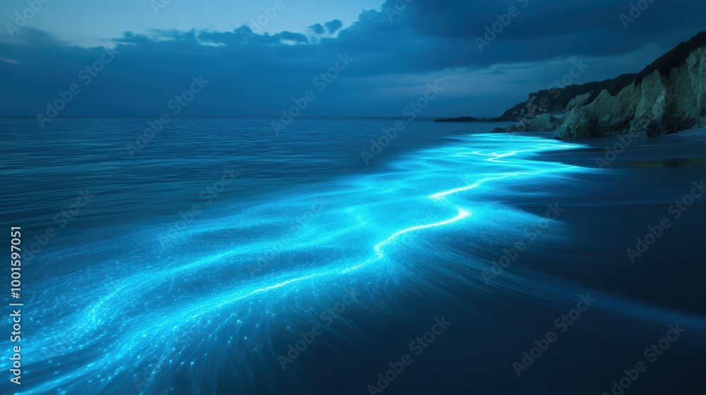 Serene Ocean Scene with Bioluminescent Plankton Serene Ocean Scene with Bioluminescent Plankton