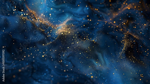 Marbled blue abstract background with golden sequins. Liquid marble ink pattern