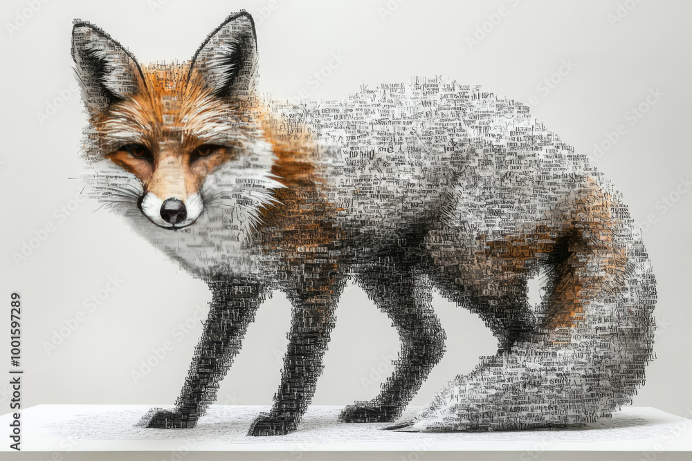 Fototapeta premium Red fox made of words, a unique abstract piece.