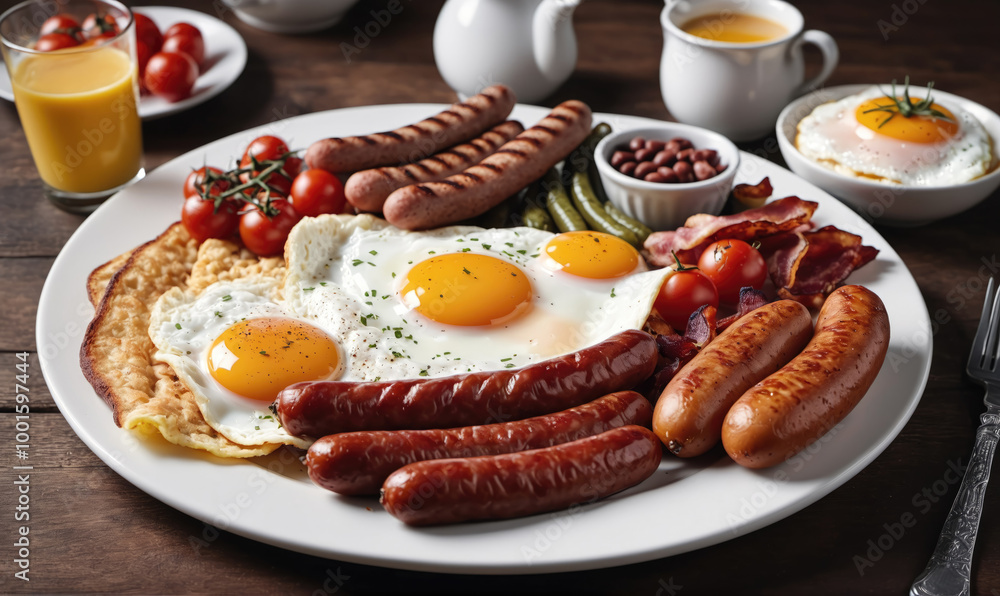 A hearty breakfast with eggs, sausages, bacon, and beans on a white plate A hearty breakfast with eggs, sausages, bacon, and beans on a white plate