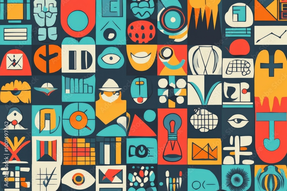 A colorful and abstract image of various shapes and symbols, including a clock, generative ai image A colorful and abstract image of various shapes and symbols, including a clock, generative ai image