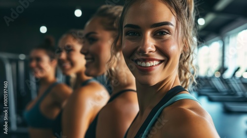 Many young girls smiling in gym interior during training. Neural network ai generated art