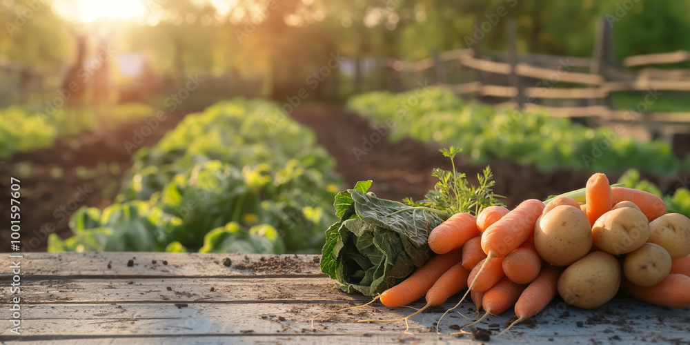Fresh organic vegetables, potato, carrot and cabbage on a wooden table with farm in the background. Concept: agriculture, farmers market, restaurant website or menu, grocery store, healthy diet Fresh organic vegetables, potato, carrot and cabbage on a wooden table with farm in the background. Concept: agriculture, farmers market, restaurant website or menu, grocery store, healthy diet