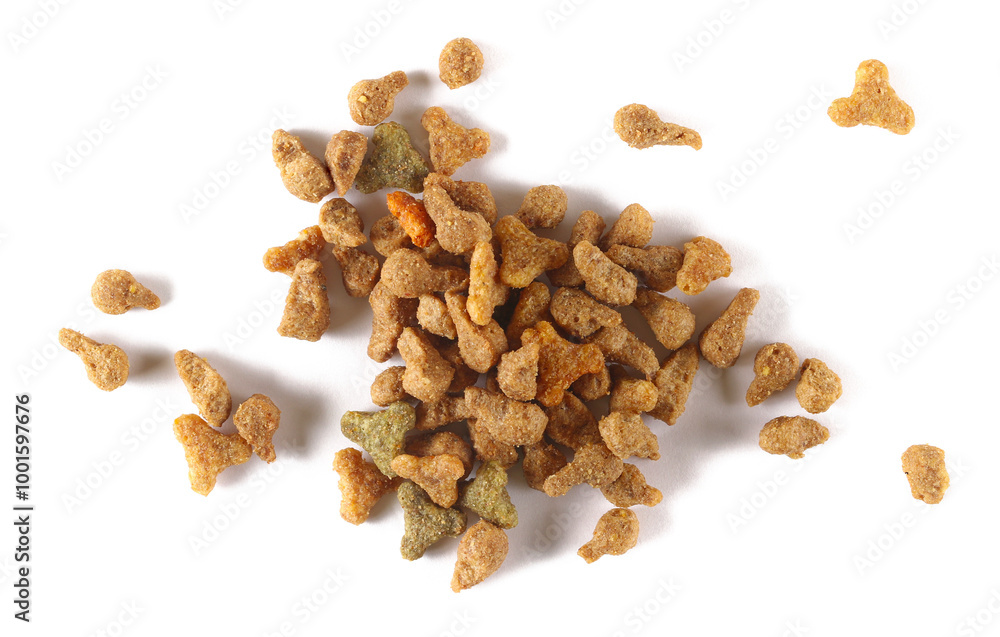 Pile dry colorful cat food isolated on white background, top view Pile dry colorful cat food isolated on white background, top view