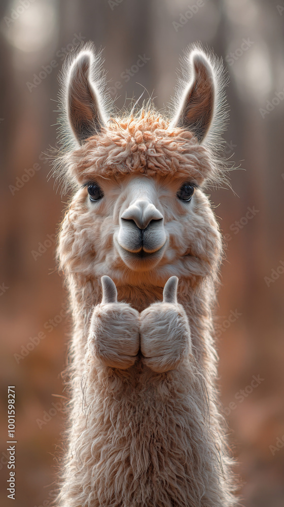 A fluffy llama gives a double thumbs up. A fluffy llama gives a double thumbs up.