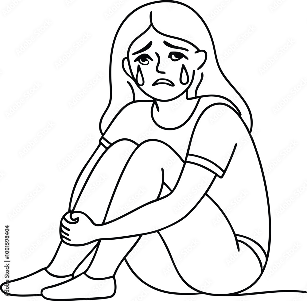 continuous single line of sad woman sitting and crying, crying woman sketch, continuous line depressed woman, vector illustration continuous single line of sad woman sitting and crying, crying woman sketch, continuous line depressed woman, vector illustration