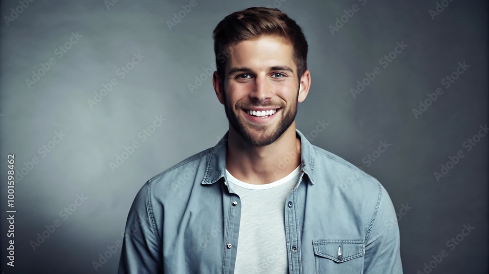 Obraz premium A portrait of a young man smiling warmly against a neutral gray background