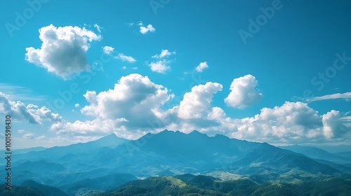 World Environment Day concept Green mountains and beautiful sky clouds under the blue sky : Generative AI