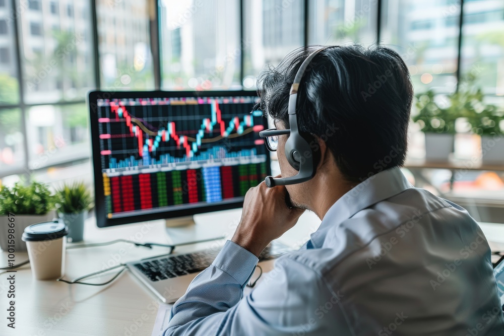 A person wearing headphones is working on a computer, generative ai image A person wearing headphones is working on a computer, generative ai image