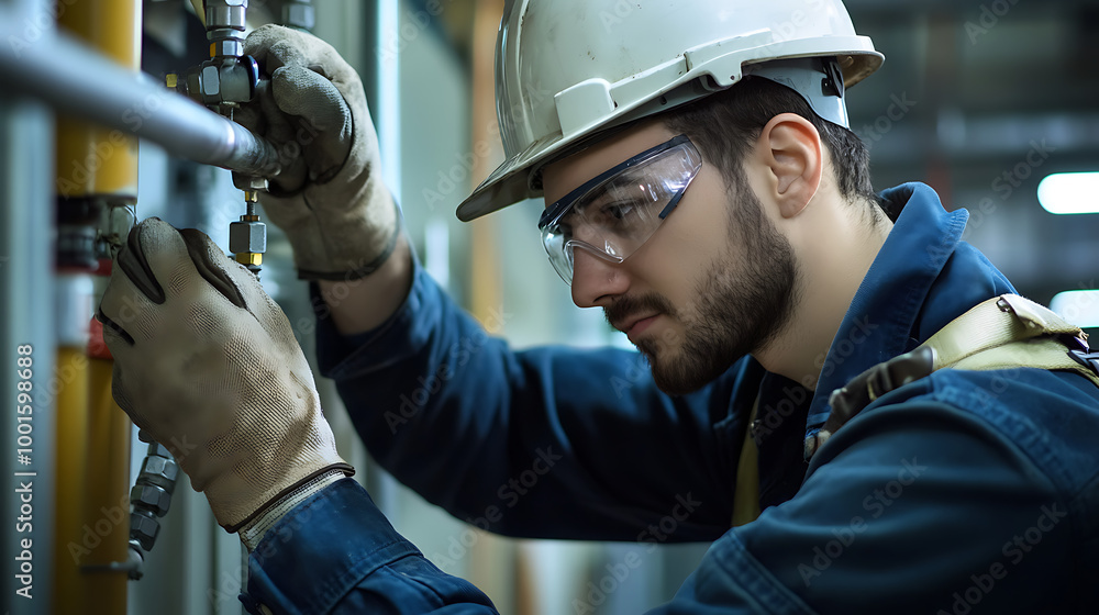 Worker in safety gear fixing equipment in industrial setting. Worker in safety gear fixing equipment in industrial setting.