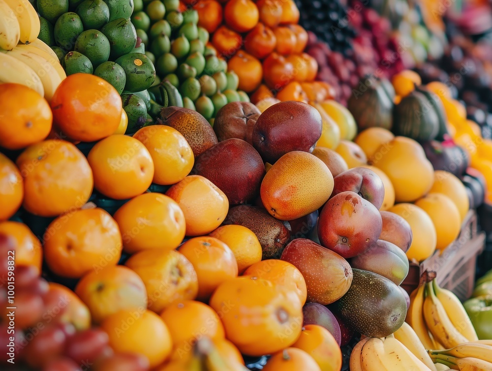 Vibrant display of assorted tropical fruits at market Vibrant display of assorted tropical fruits at market