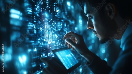 Cyber security network Data protection concept Businessman using digital tablet with biometric network security technology to access privacy data and management computer crime data enc : Generative AI photo