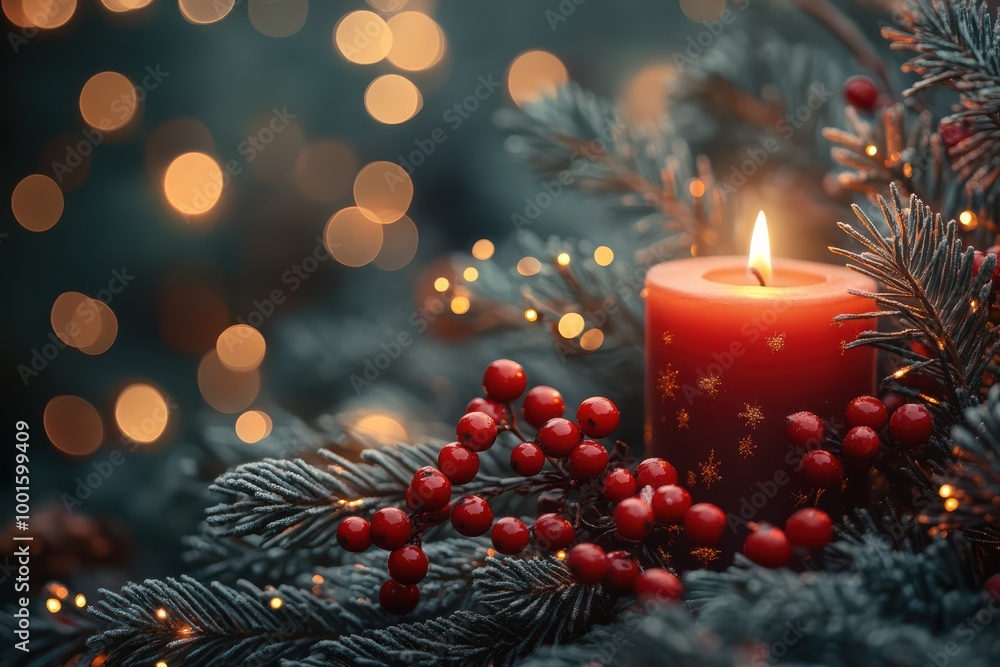 Christmas red berries and candles with green tree branches on a fuzzy background Christmas red berries and candles with green tree branches on a fuzzy background