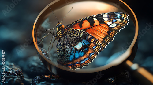 Butterfly under magnifying glass, highlighting intricate details and colors.