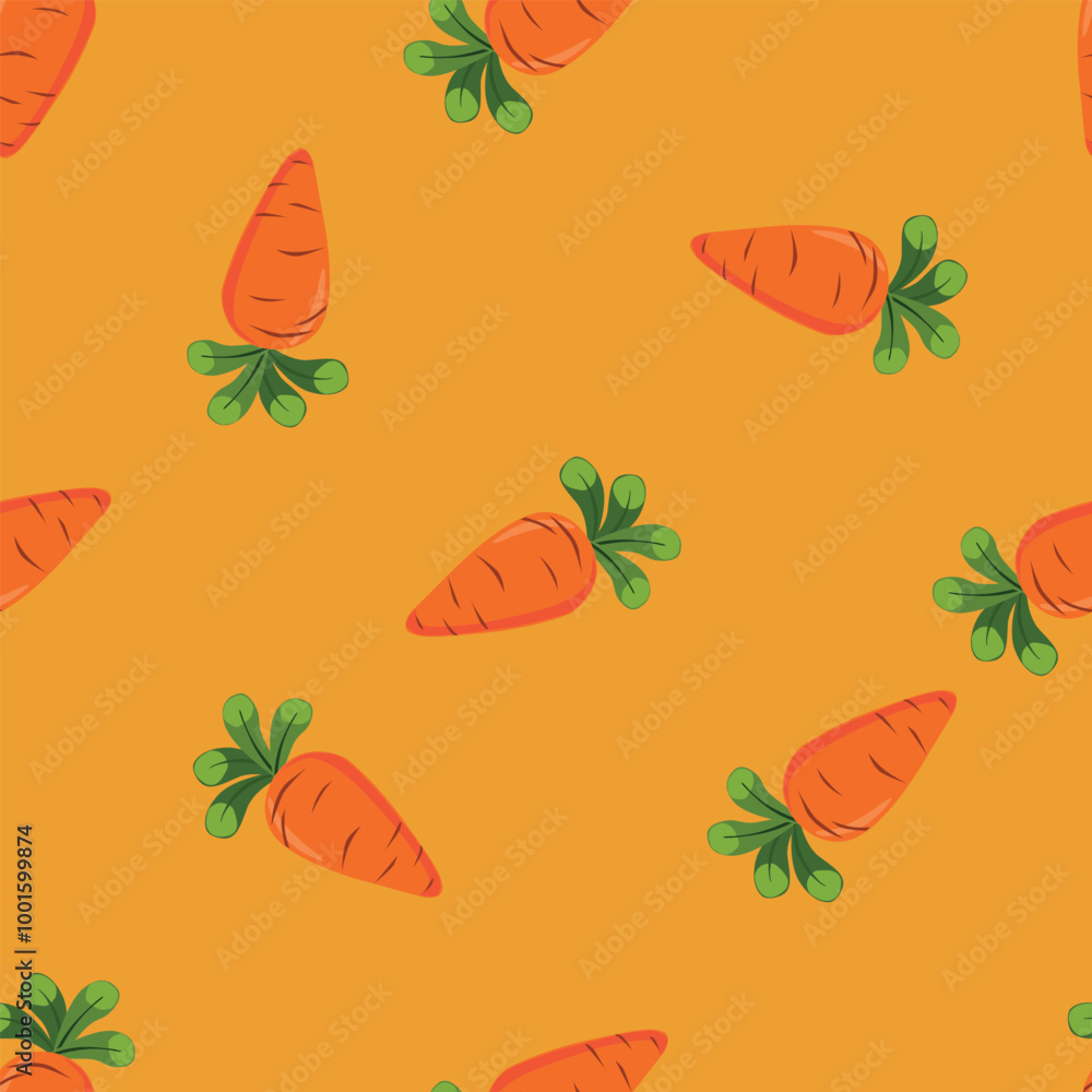 Seamless pattern of carrots on an orange background. Vegetarian healthy eating. Vector illustration in cartoon style for designing children's designs. Seamless pattern of carrots on an orange background. Vegetarian healthy eating. Vector illustration in cartoon style for designing children's designs.