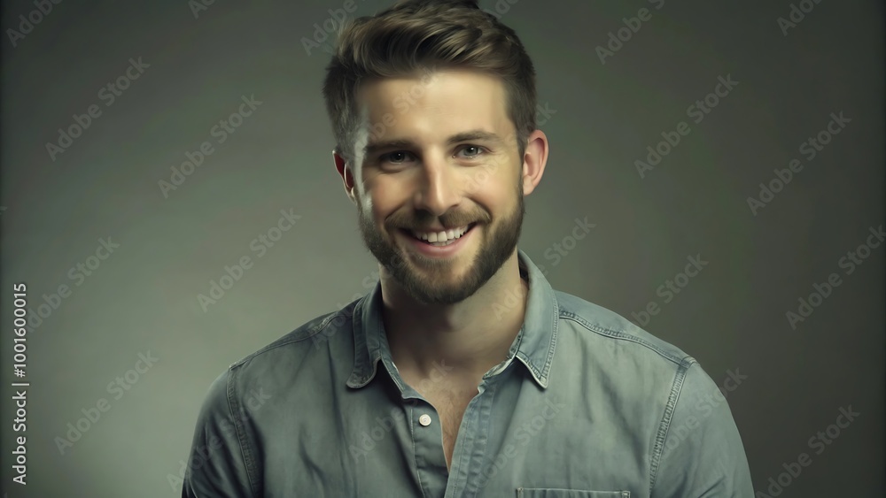 A portrait of a young man smiling warmly against a neutral gray background A portrait of a young man smiling warmly against a neutral gray background