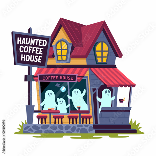 Haunted Coffee House with Ghosts Vector Graphic